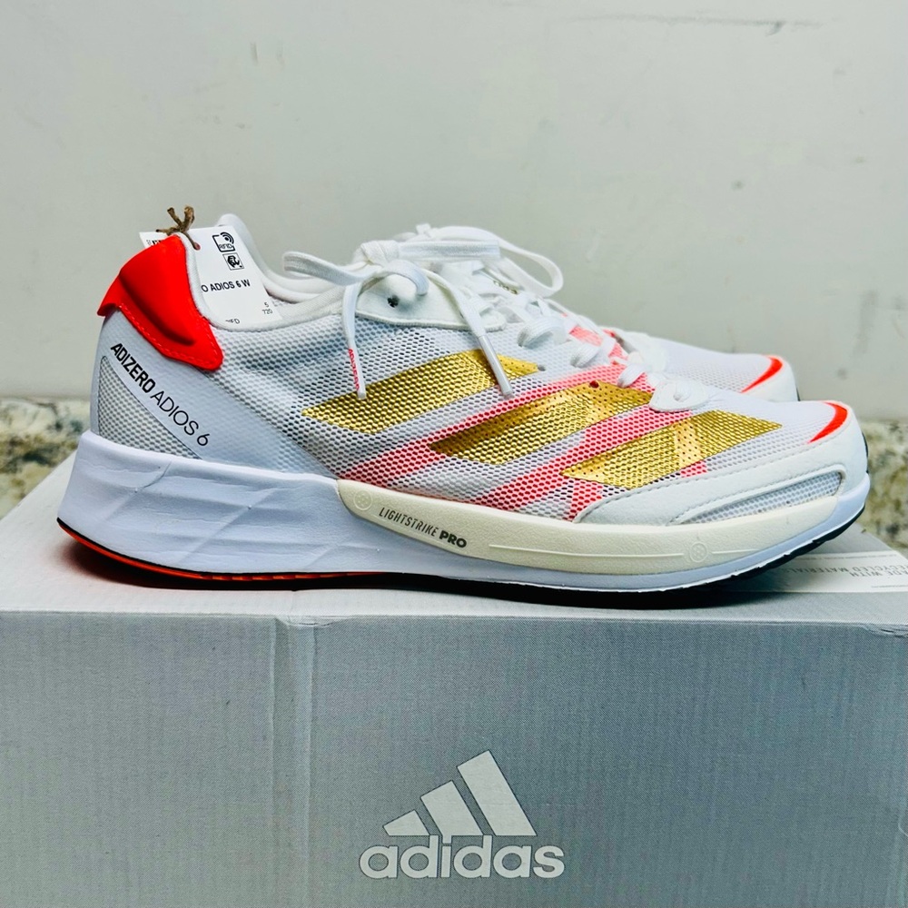 adidas Adizero ADIOS 6 White, Pink & Gold Running Shoes W6.5